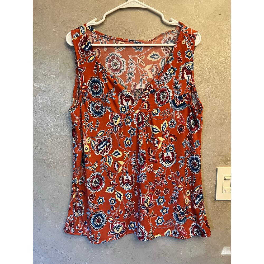 Floral Sleeveless Tank Top Boho Orange Rust Flowy Blouse Womens M - Picture 4 of 9